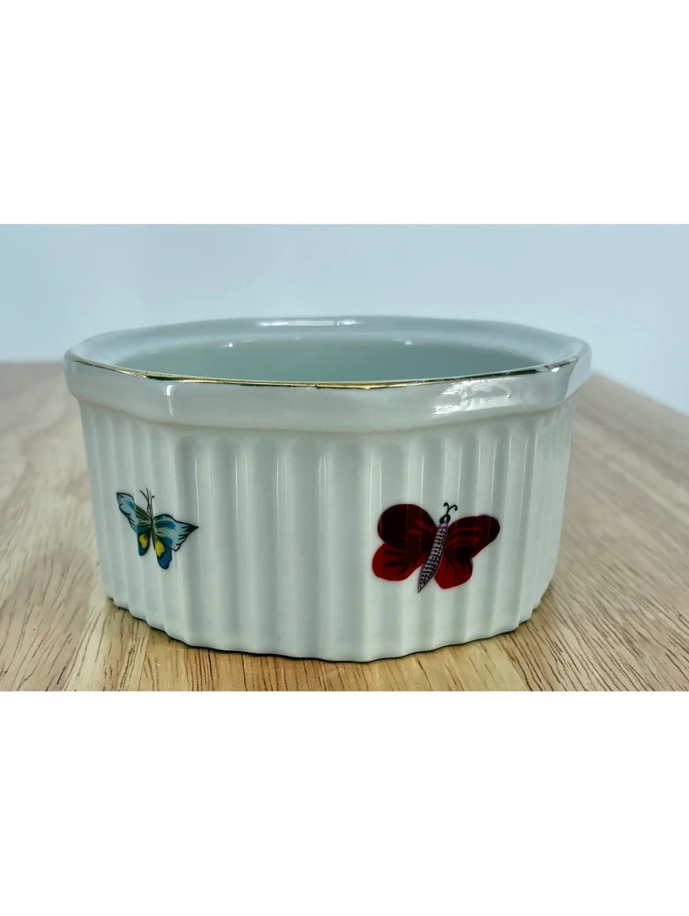 Vintage Mid Century Strawberry & Butterfly Porcelain Ramekin Gold Trim Japan